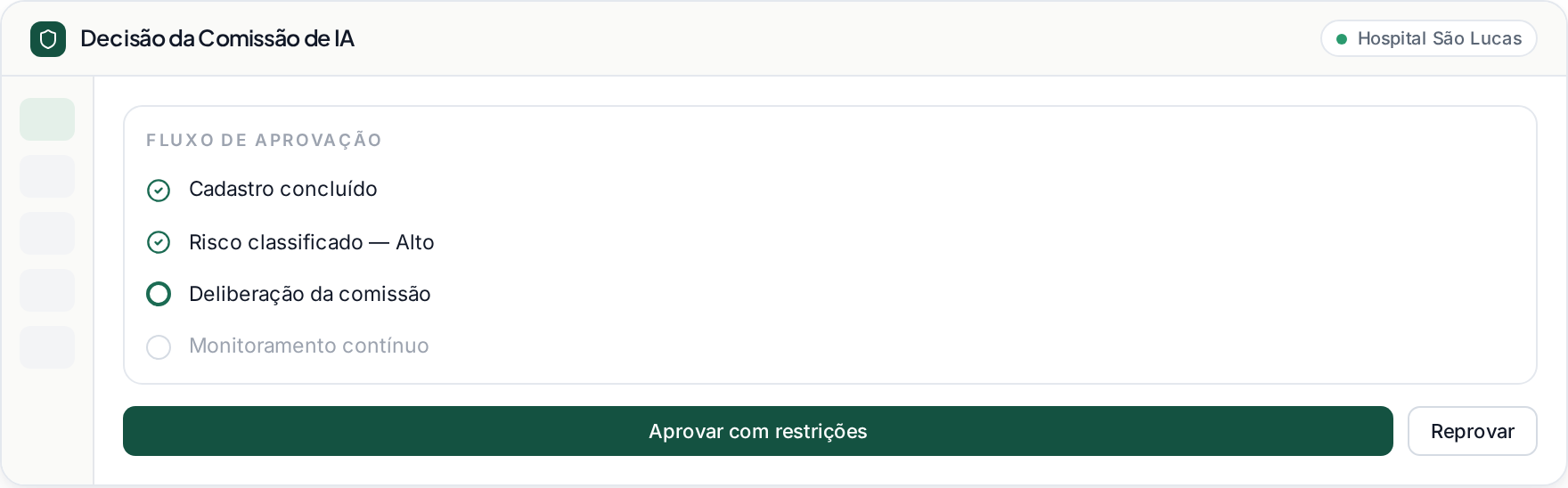Tela de fluxo de aprovação da Comissão de IA na plataforma MedGovernance